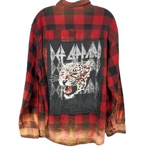 Upcycled Flannel Shirt Red Bandana Def Leppard Distressed Bleached Size XL